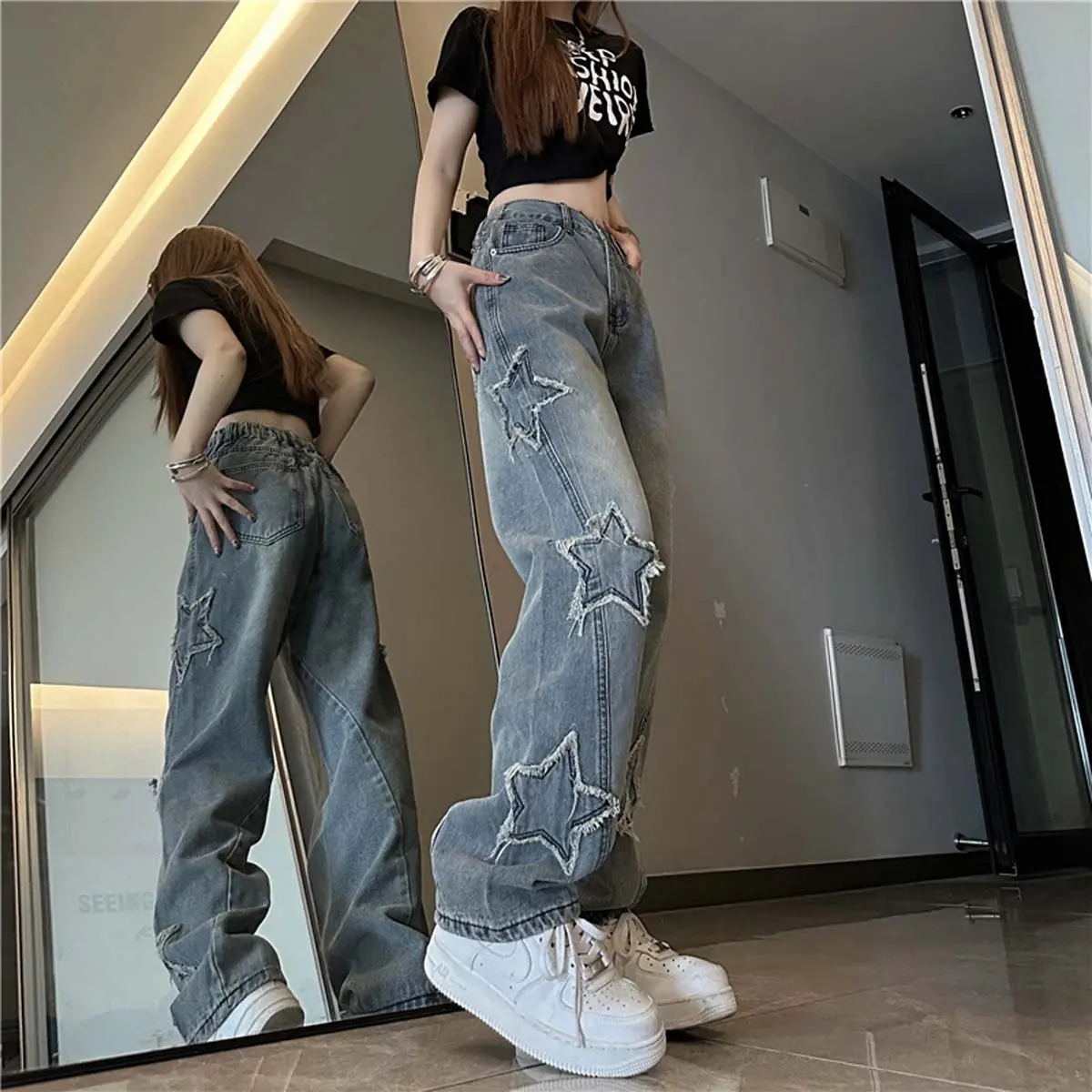 Blue star embroidered jeans for women in spring and autumn new design niche loose straight wide leg long pants trendy