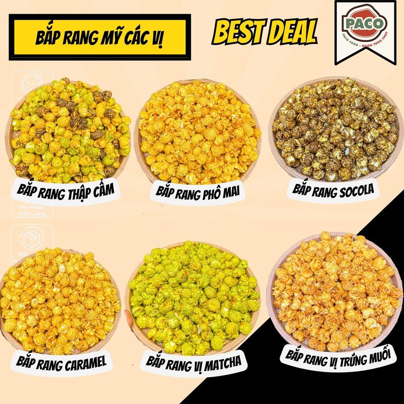 bắp rang bỏng ngô mỹ các vị caramel phô mai matcha và thập cẩm TÚI LỚN 450g Paco Food ngon giòn thơm