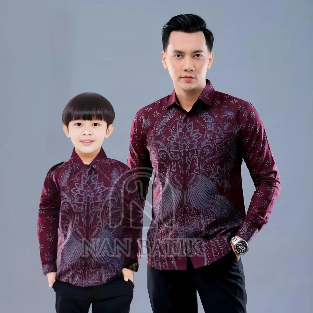 KEMEJA BATIK BINTANG PRIA LENGAN PANJANG DAN PENDEK DEWASA ANAK LAKI LAKI WARNA BURGUNDY