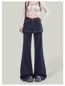 Celana Jeans Wanita Flared dengan rok mini Warna Biru Tua  Celana Panjang Cutbray Cewek Denim highwaist flare  jeans  wanita jeans  slim  fit  cewek rok  celana  jeans Cutbry Retro Vintage cutbray  jeans