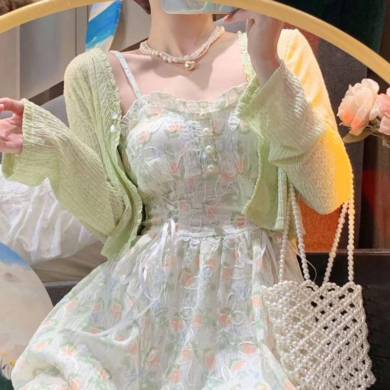 Váy Hai Dây Dài Trung Bình Hoa Mỏng Mùa Hè, Cỡ Lớn Cho Nữ, Bộ Đồ 2 Món, Hàng Mới Về 3