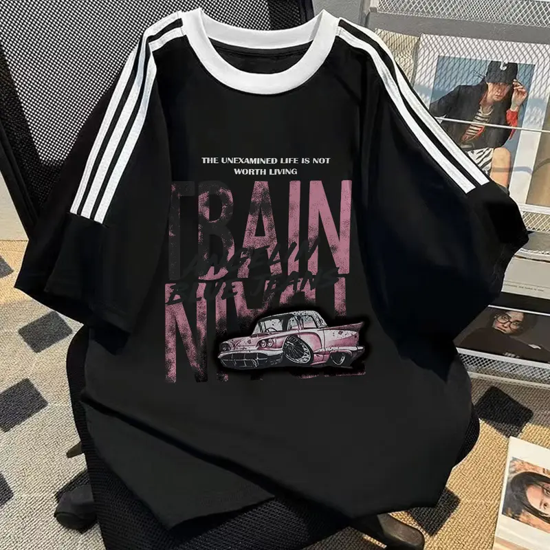 Pria Model Regular Unisex W203 JWstudio T-shirt Oversize Cotton Retro Pattern Kaos Putih Wanita Hitam Top Katun Muda 5