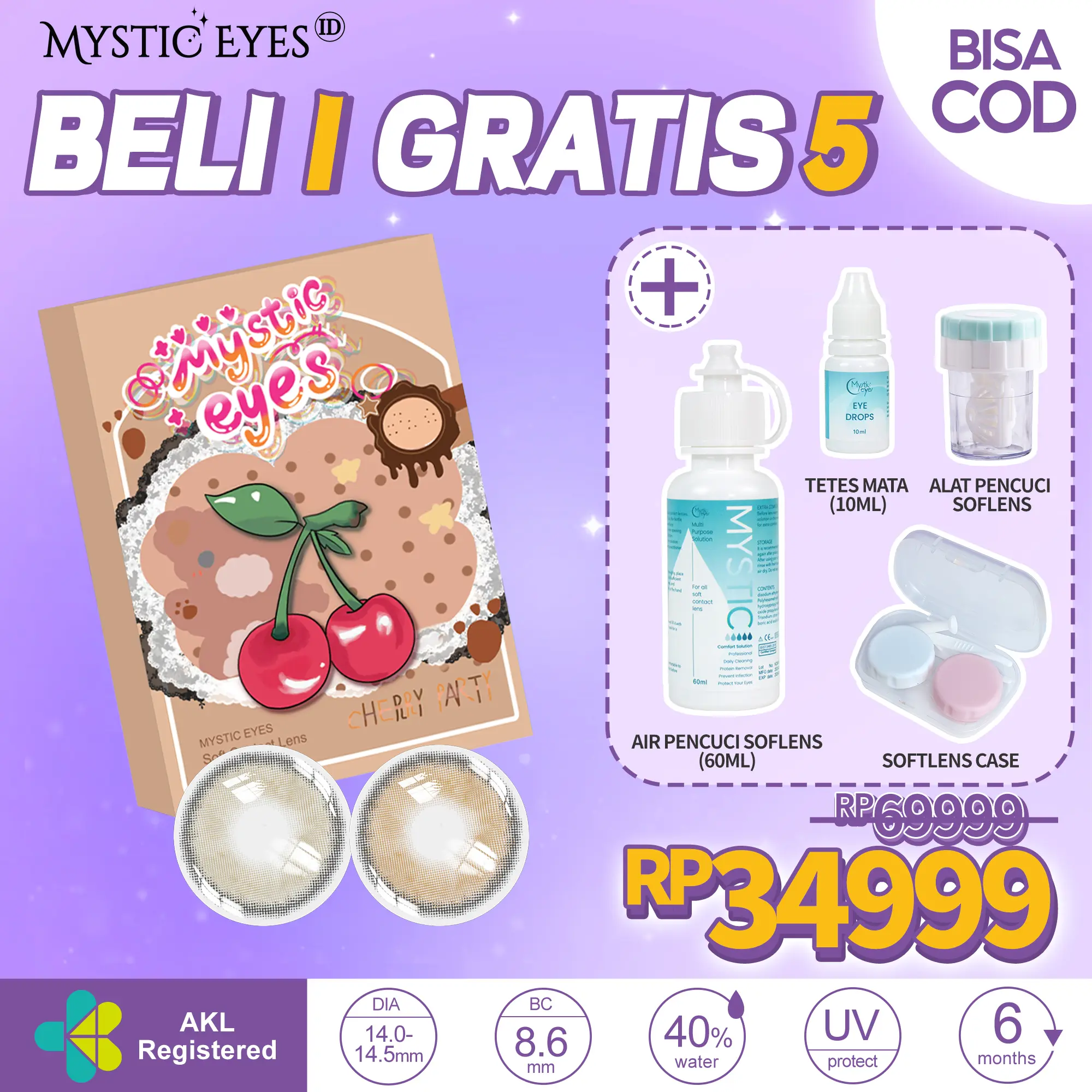 [COD]Mysticeyes 5 Item Paket kombinasi (1 Softlens Normal 14.20MM-14.50MM + Air Pencuci Softlens 60ml + Alat Cuci Softlens + Tetes Mata 10ML, Tempat Lensa Mini)