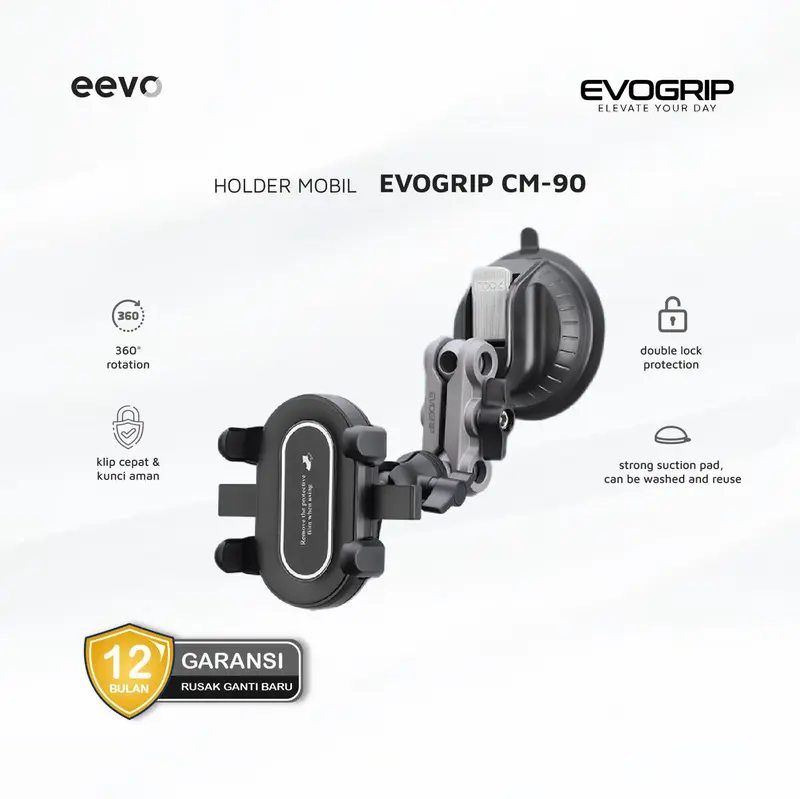 Car Holder Hp Mobil Kaca Gagang Besi Alloy Fleksibel 360 Evogrip CM90 Silicon Sucker Penguncian Ganda Anti Goyang Tidak Jatuh dan Kuat