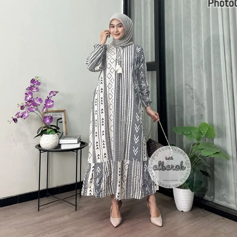 Dress Qonita panjang Ld 120 busui bahan rayon premium midi dress pb 130 motif salur etnik ada saku gamis katun rayon 3