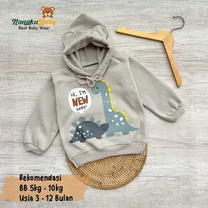 Nanaku Baby - Mantel Bayi Hangat SNI || Hoodie Bayi Kupluk Karakter Dino New Here || Baju Hangat Bayi Usia 3-15 Bulan