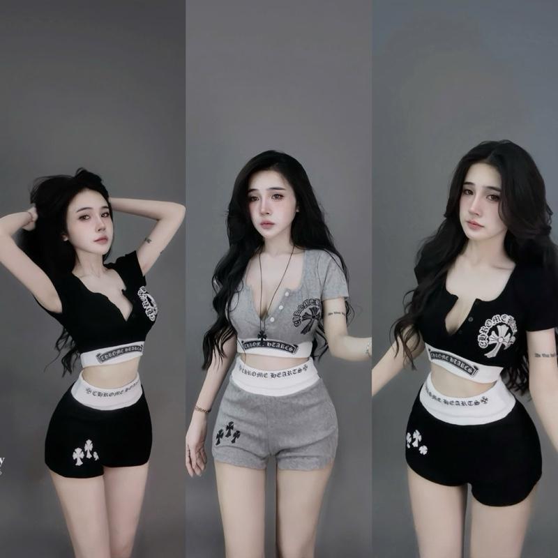 Set Áo Croptop Cộc Tay Thun Len Đũa In Hình Thập Kèm Quần Lưng Cao Ôm From Co Dãn - H84