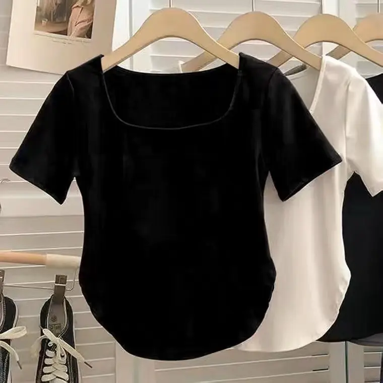 Baju Atasan Pendek Fesyen Musim Panas, Untuk Wanita, Leher Persegi, Warna Pepejal