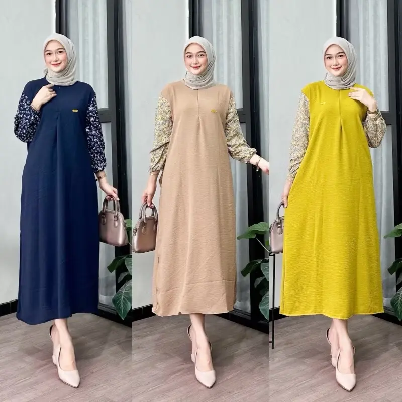 Paket Daster 3 Pcs  Gamis Crinkle Airflow Ld 120 Pb 130 Kombinasi Lengan Motif 2