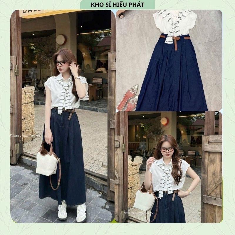 [Mở Bán] ( Tặng Kèm Đai Da) Set 3 Món Áo Sơ Mi Trắng Kèm Khăn Quàng Phối Chân Váy Bò Xoè Dài - By HP07083