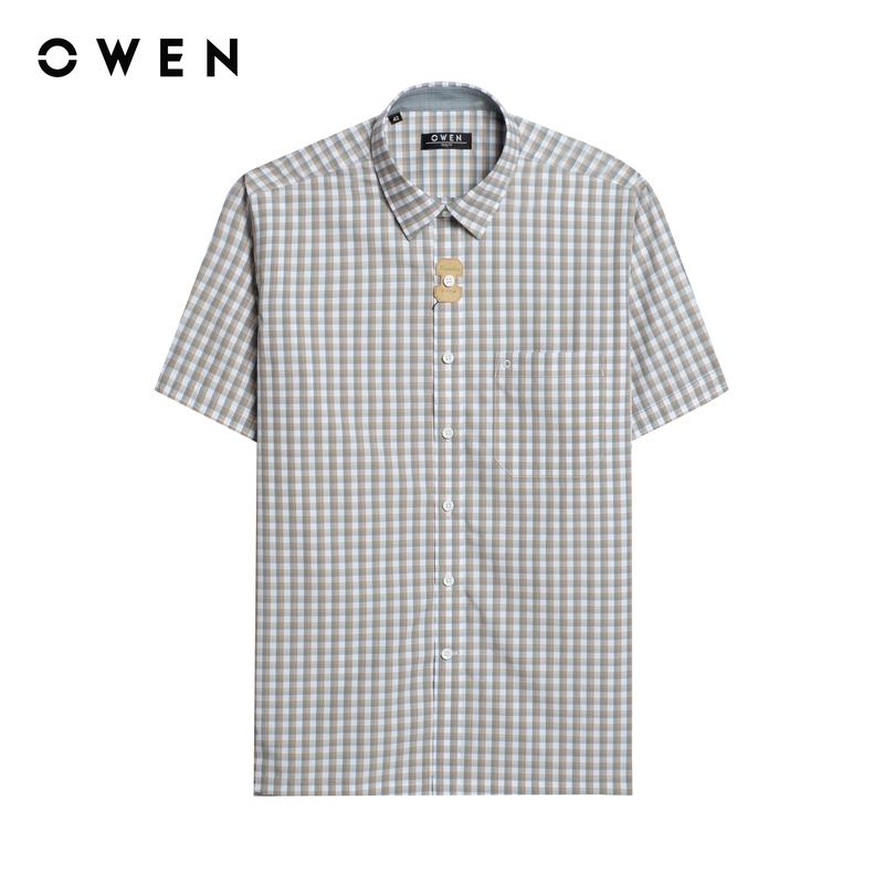 OWEN - Áo sơ mi Nam Ngắn tay Body Fit Có túi AB250038NT màu Xám chất liệu Bamboo poly Họa tiết Kẻ caro Menswear