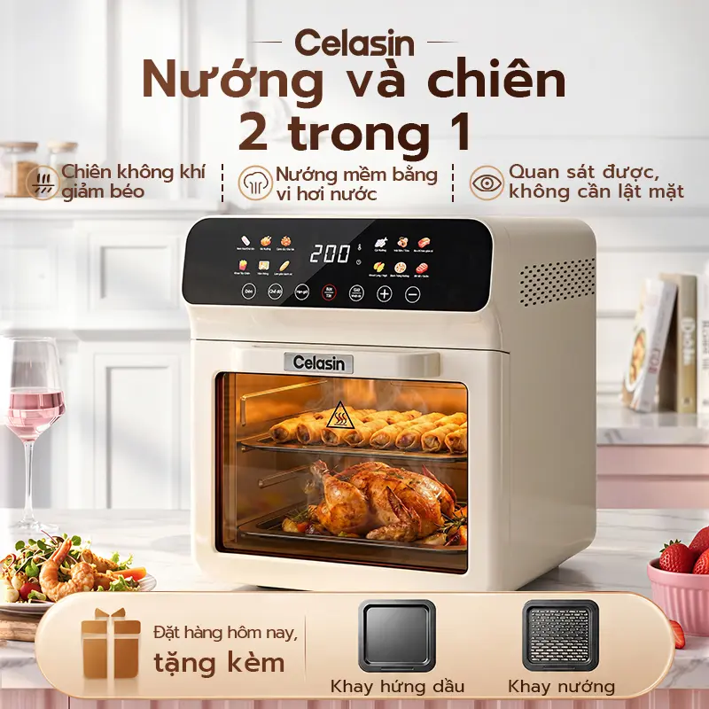 Nồi Chiên Không Dầu Đa Năng Hấp Nướng, Công Nghệ Gió Nóng 360° Không Cần Lật, Giảm Béo Ít Calo, Lòng Inox Cao Cấp, Rã Đông & Sấy Khô Tiện Lợi