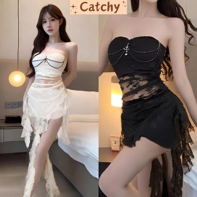 Set Váy Nữ Sang Chảnh Áo Cúp Ren Tua Rua Kèm Phụ Kiện Dây Trang Trí Phối Chân Váy Ngắn Cạp Thấp Tôn Dáng catchystore
