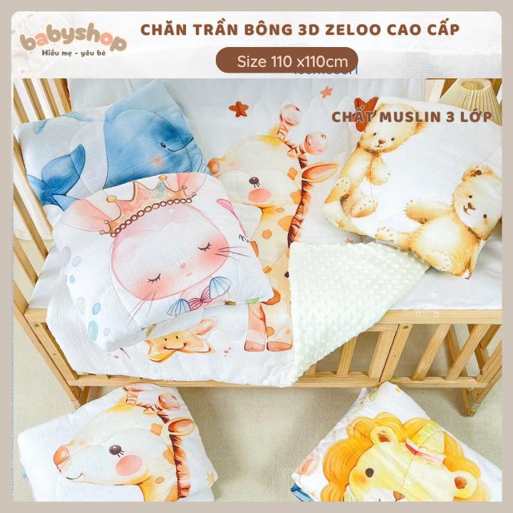 Chăn Trần Bông 3D  Zeloo Cao Cấp Hoạ Tiết  3 Lớp Muslin Hạt Đậu Ấm Áp Mùa Đông Cho Bé Size 110*110cm