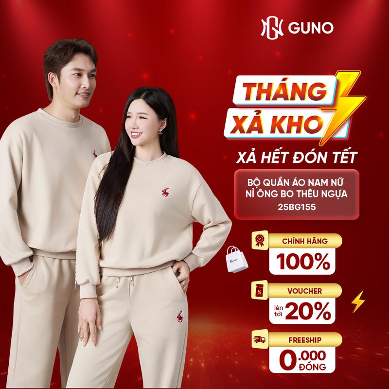  GUNO-Bộ quần áo nỉ Nam Nữ cổ tròn THÊU NGỰA quần bo gấu SP5 |25BG155 25BB177 