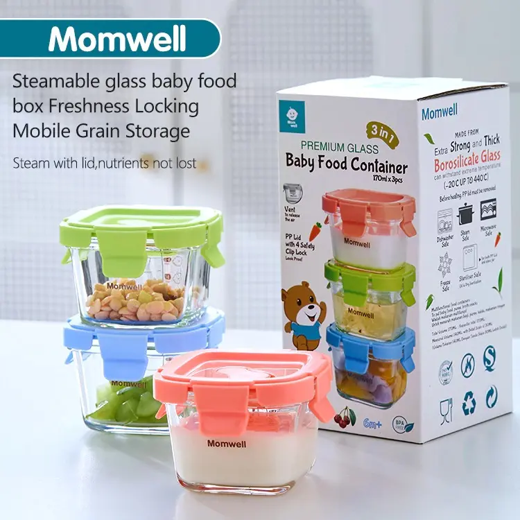 Momwell GFB22 3Pcs Baby Food Container Penyimpanan Mpasi Bayi Tempat Wadah Mpasi Kaca Bayi Mangkuk Mpasi Kaca 140ML