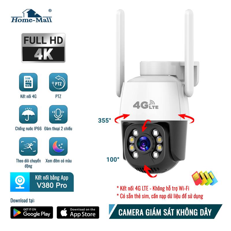Home-Mall Camera giám sát SIM 4G Full HD 4K,Cắm điện là tự động kết nối không cần WiFi,Chống Nước IP66,Đàm Thoại 2 Chiều Phát Hiện Chuyển Động APP V380 Pro