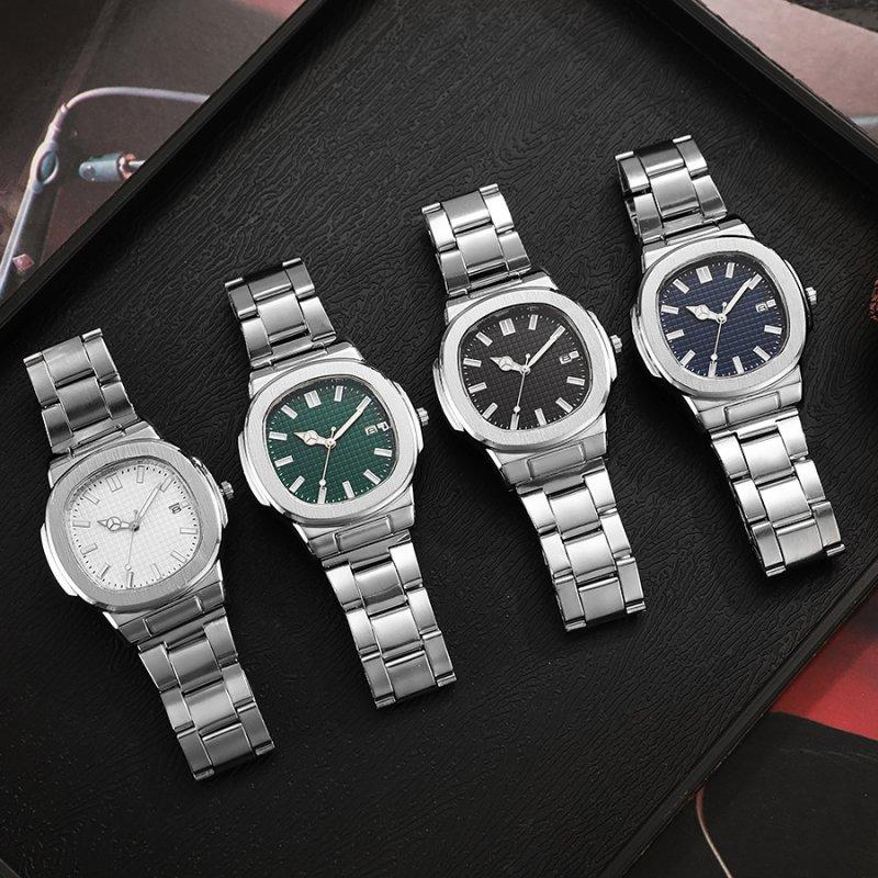 CalceNubes Đồng hồ đeo tay nam quartz hình vuông có lịch, dây thép không gỉ, phong cách thời trang kinh doanh hiện đại