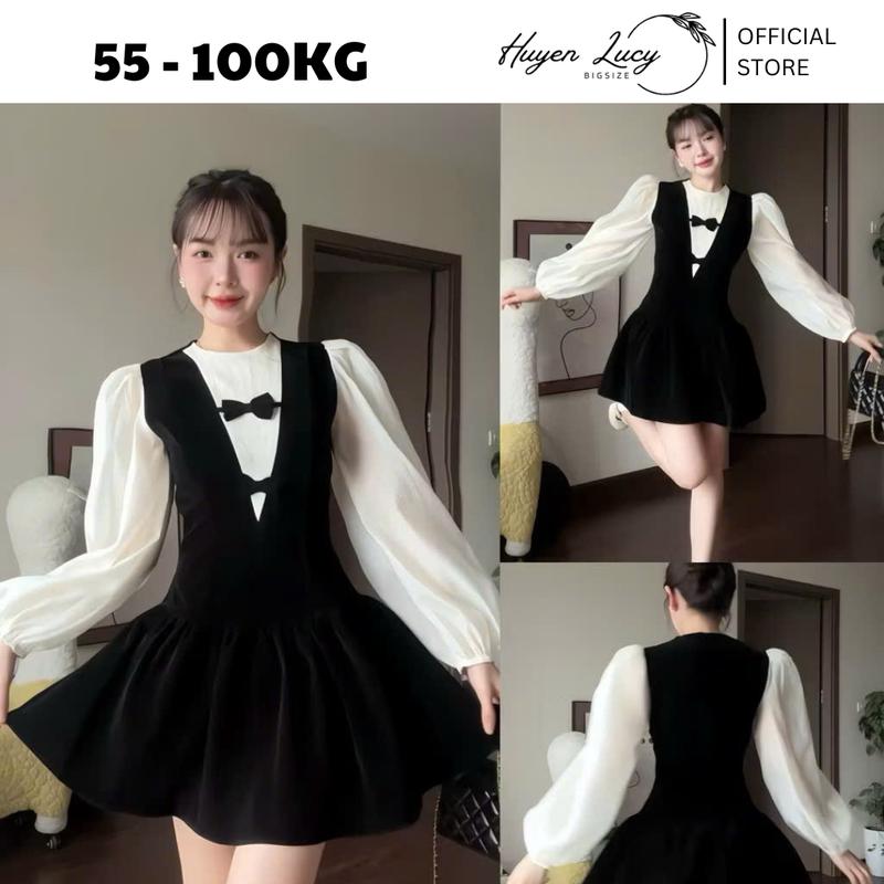 VÁY NHUNG ĐÍNH NƠ PHỐI SƠ MI đầm nữ bigsize sang chảnh trẻ trung mặc đi tiệc đi chơi chụp ảnh có size tới 100kg Huyền Lucy Bigsize