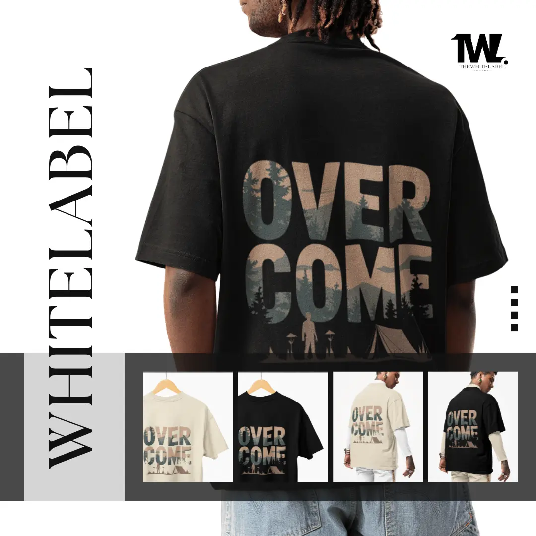 300GSM Oversized OVERCOME Design Printed TheWhiteLabel White and Black T-shirt 100% Cotton