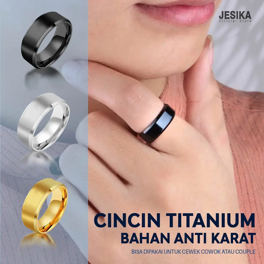 Cincin titanium polos unisex couple warna hitam silver emas bahan stainless steel anti karat dan tidak luntur