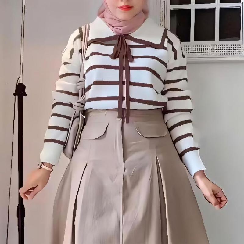 Product Introduction of BAJU RAJUT WANITA TANGAN PANJANG KERAH PITA LUCU STRIP KNIT / ATASAN BAJU SWEATER RAJUT KOREAN STYLE 23