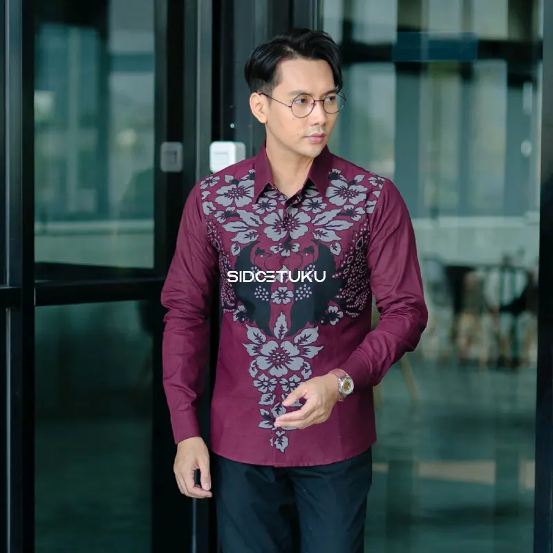 ARUTALLA BURGUNDY MAROON baju batik pria modern lengan panjang lapis furing 1