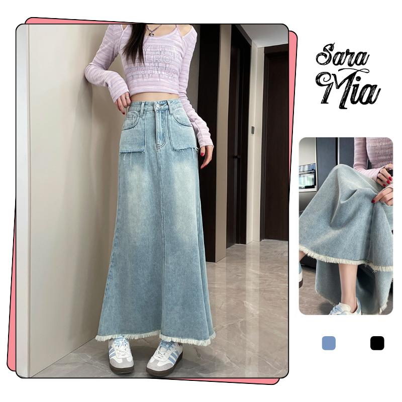 Chân váy dài SARAMIA váy jean cạp cao công sở vải bò dáng chữ A dày dặn tua gấu V19