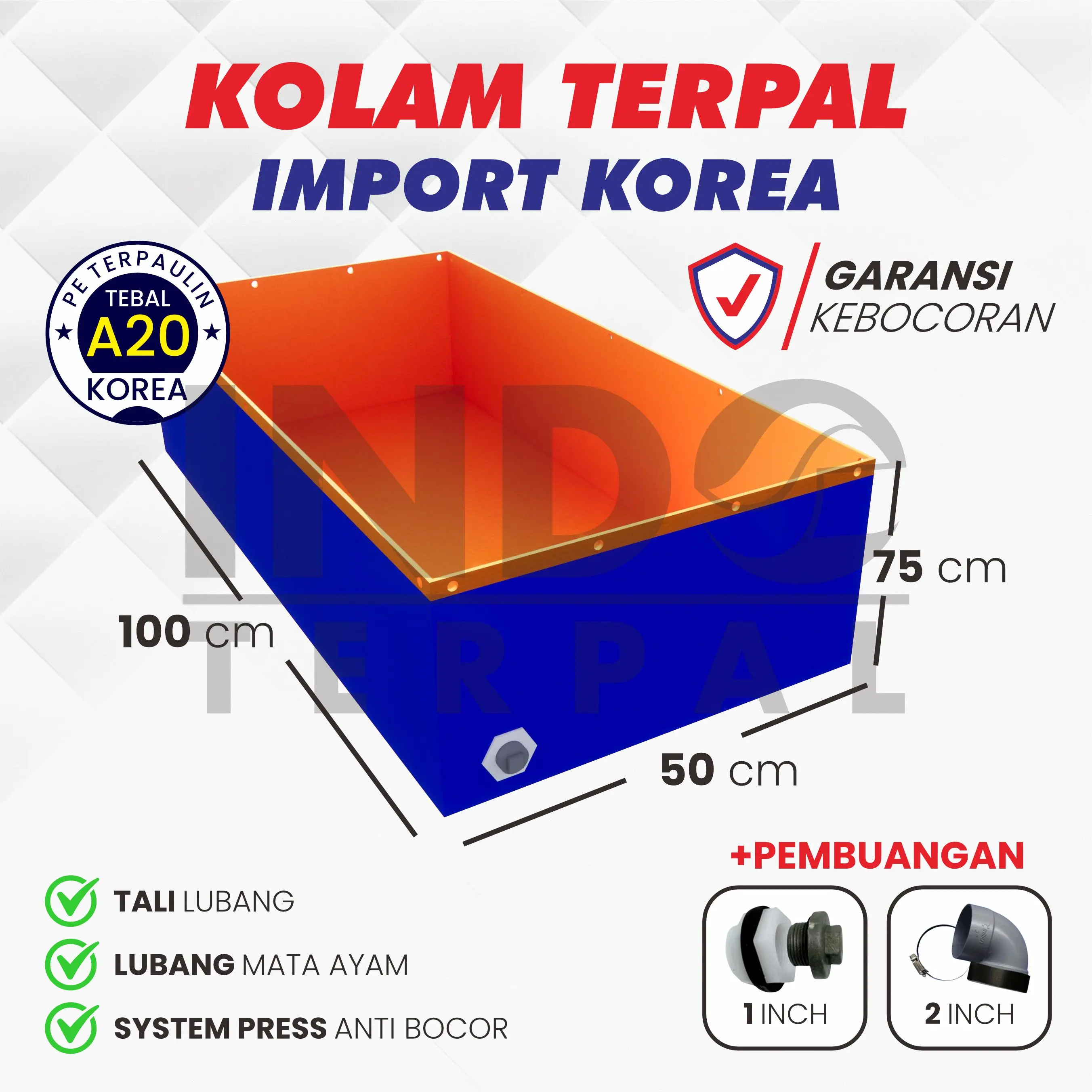 Terpal Kolam Ikan 100x50x75 / 1x05x075 Tebal A20 Untuk Budidaya Lele Nila Gurame Belut Udang