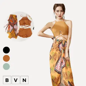 [BVN] 9018 Baju Renang Celana Waist Wanita Three Piece dengan Rok Motif Tali Bisa Di Adjust  Premium