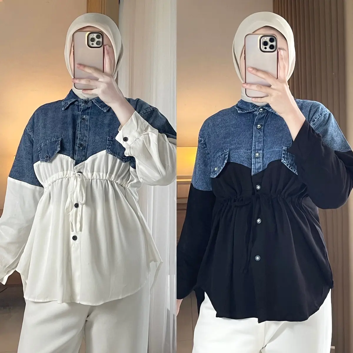 JN- Cuppita Kemeja Jeans Mix Rayon Pinggang Karet Premium Full Kancing Katun Kerja Atasan Wanita Panjang Oversize Casual Baju Formal