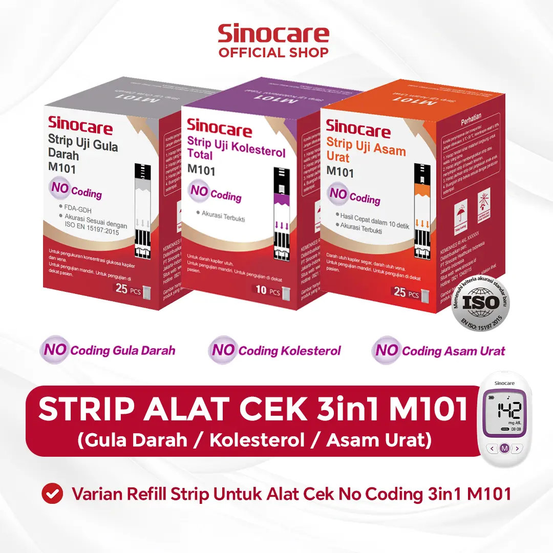 Strip Gula Darah, Kolesterol, dan Asam Urat GCU 3in1 M101 Sinocare Strip Tanpa Coding