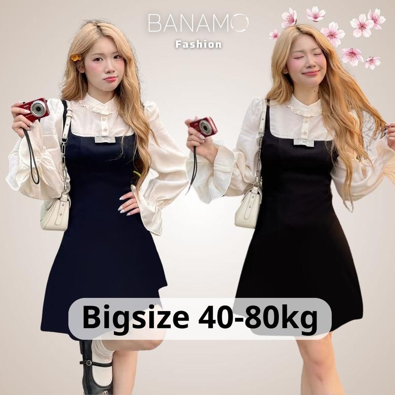 Đầm nữ BIGSIZE Banamo Fashion váy yếm phối sơ mi trắng cổ viền bèo dài tay dáng chữ A thanh lịch 5316
