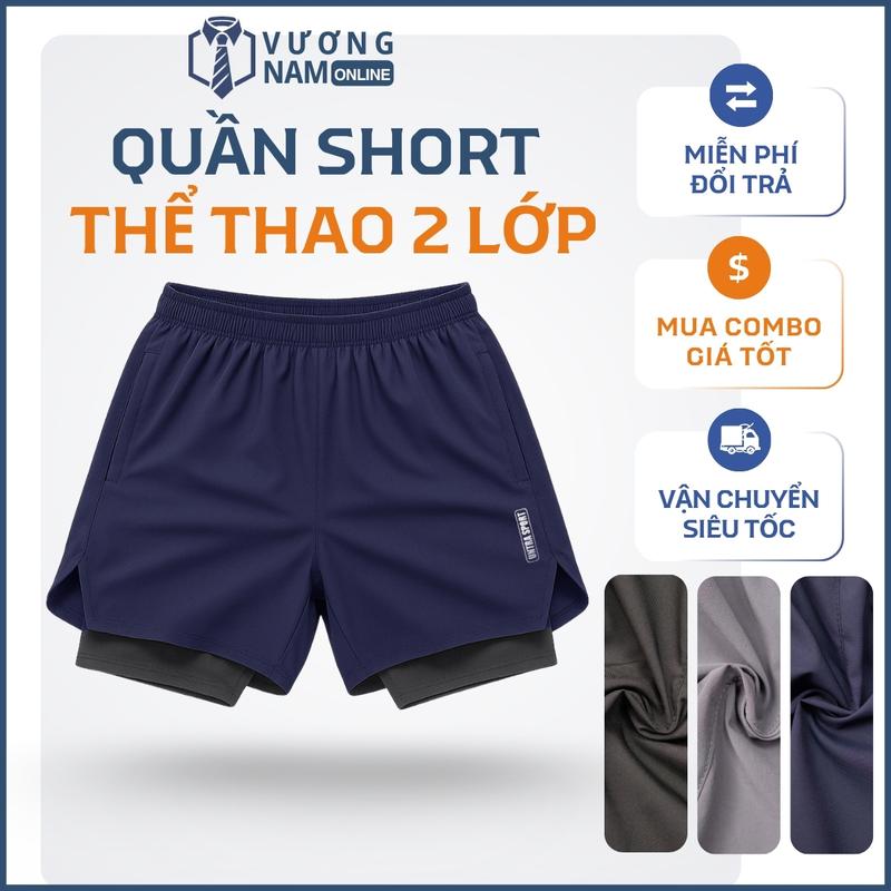 Quần đùi thể thao nam 2 lớp tập GYM chạy bộ vải dù gió xẻ chữ V túi sau để ĐT LOGO phản quang VNO173