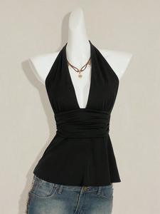 Top halter vintage Y2K estilo coquette, top corto de tirantes con escote en V profundo y espalda entallada, con lazo en la espalda, disponible en lunares o color sólido, estilo streetwear