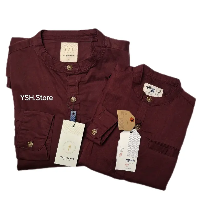 Merah MAROON Baju Koko Kemko Couple Ayah Dan Anak Lengan Panjang dan Pendek Full Kancing dan Kancing 1/2 Katun Twill Terbaru Sajuak Original Dewasa Formal 5