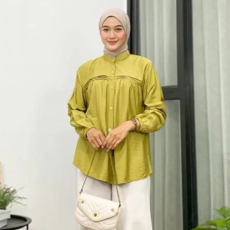 Atasan Wanita Kekinian Bahan Polo Linen LD 115 -   Kancing Panjang Baju Top Nyaman Santai