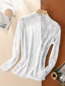 Top de encaje para mujer Primavera/Verano, prenda interior con cuello alto medio, camisa de malla elegante de manga larga, prenda interior a la moda para mujeres