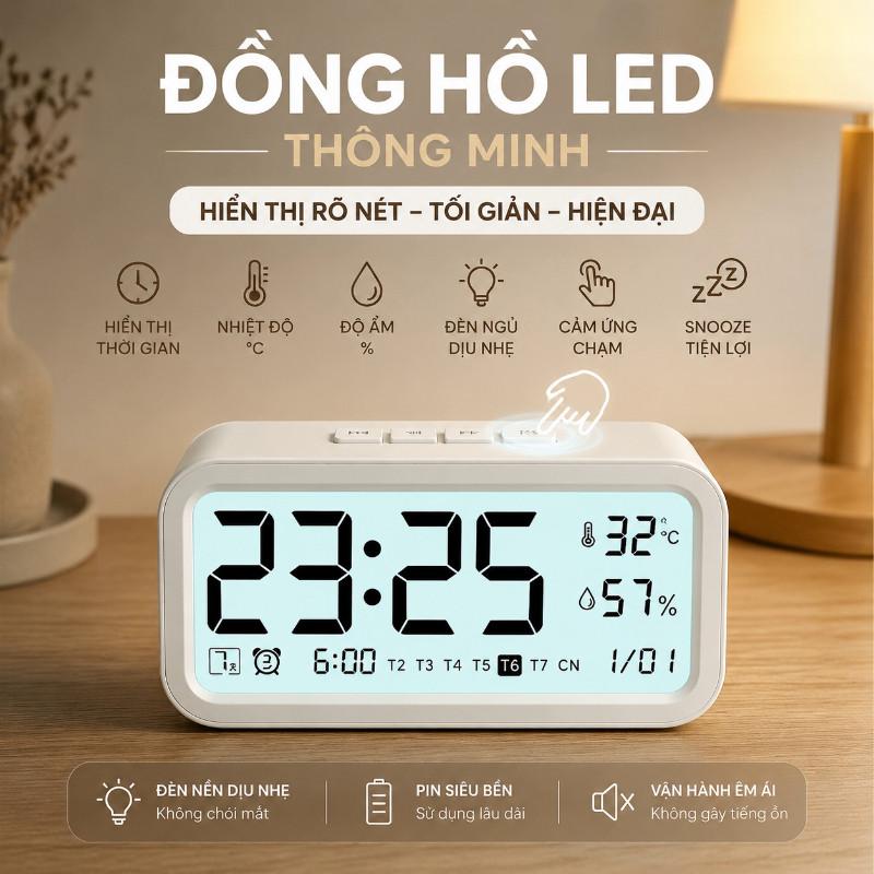 Đồng Hồ Để Bàn LED Đồng Hồ Báo Thức Đồng Hồ Đo Nhiệt Độ Độ Ẩm Màn Hình LCD Chức Năng Ngủ Lại Cảm Ứng Chạm 4 Chế Độ Sáng Báo Thức Kép Phòng Ngủ Văn Phòng Phòng Khách Nhựa ABS Cao Cấp 13.6 × 6.3 × 3.4 CM