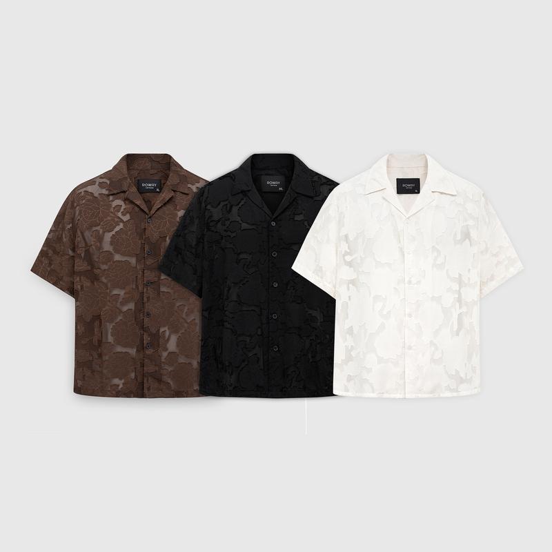 Áo sơ mi nam ROWAY form suông thoáng mát Cộc tay hoa hồng nổi