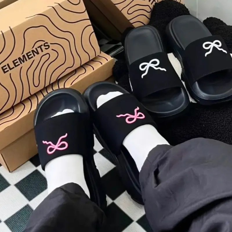 Dép Element thêu nơ xinh xắn - đế cao su Eva cao 4 phân - Dép lê Slipper Quai nhung Đế bằng
