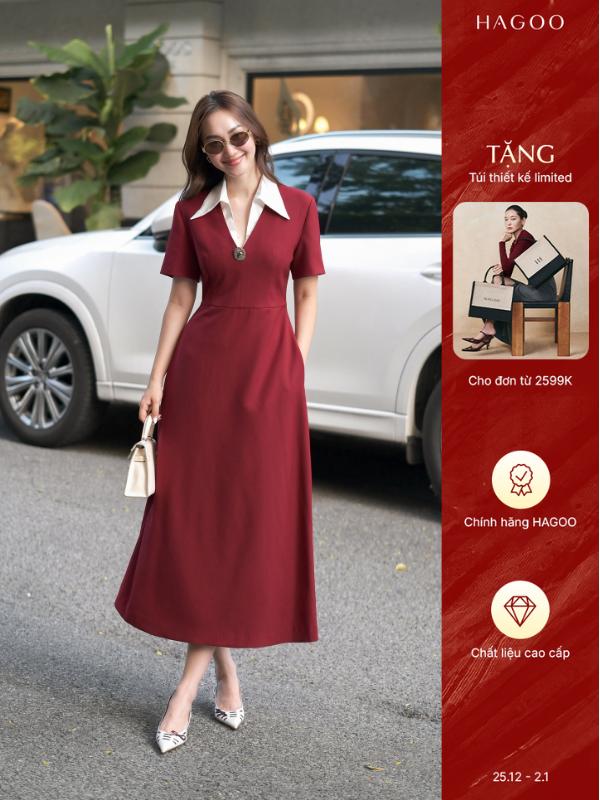 Váy thun xoè dáng dài cổ V phối trắng HAGOO phong cách tối giản sang trọng V9029