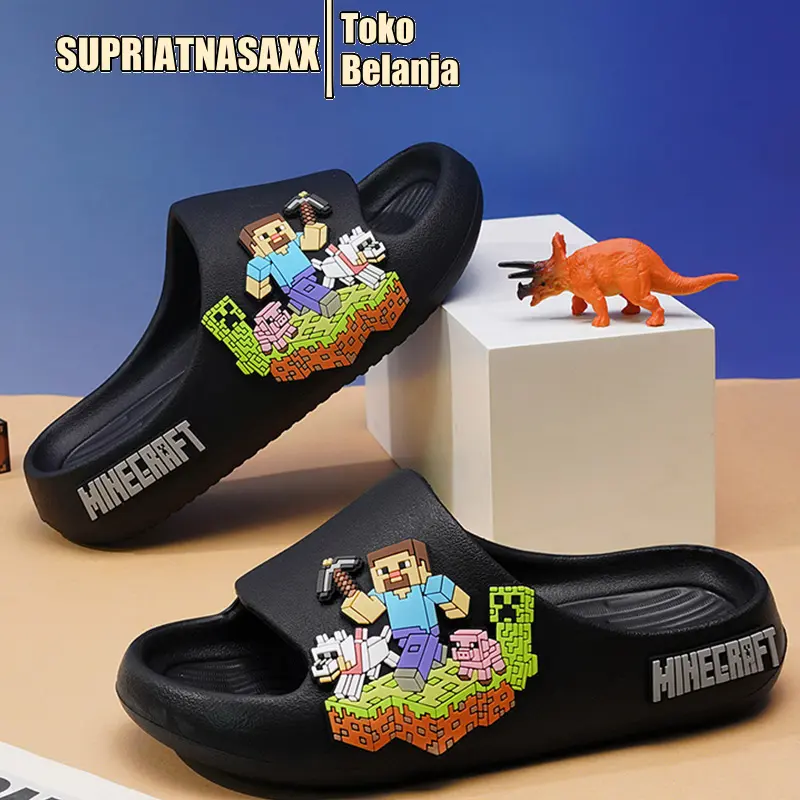 Sandal Anak Bahan Lembut Motif Minecraft Anti Selip Sandal Slip‑on Rumah untuk Anak Laki‑laki & Perempuan Fashion