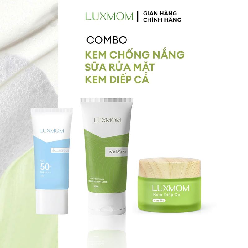  Bộ Chăm Sóc Da Hoàn Hảo Gồm Kem Diếp Cá Luxmom + Sữa Rửa Mặt + Kem Chống Nắng 2in1 - Hỗ Trợ Thâm Sạm Cải Thiện Mụn Giúp Làm Đều Màu Da 