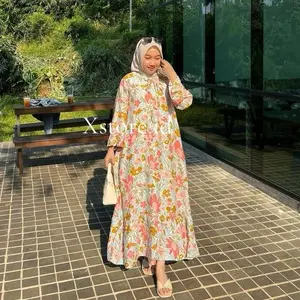 Xstore.id - Maudy Dress Rayon Busui Gamis Rayon dengan Motif Bunga Elegan Kain Adem Lengan Panjang Terompet Variasai Tali dan Rempel