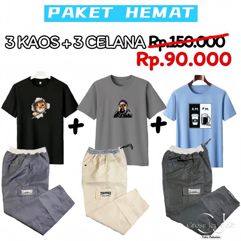 PAKET HEMAT 3 KAOS 3 CELANA CARGO PANJANG Setelan 0