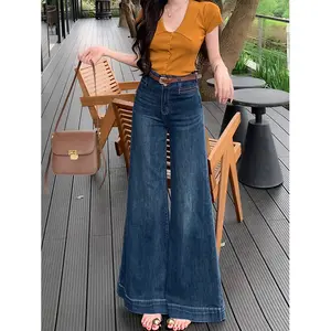 LL Jeans Biru laut Highwaist Strecth Celana Jeans Wanita Palazzo Jeans Korea Kekinian (realpict)