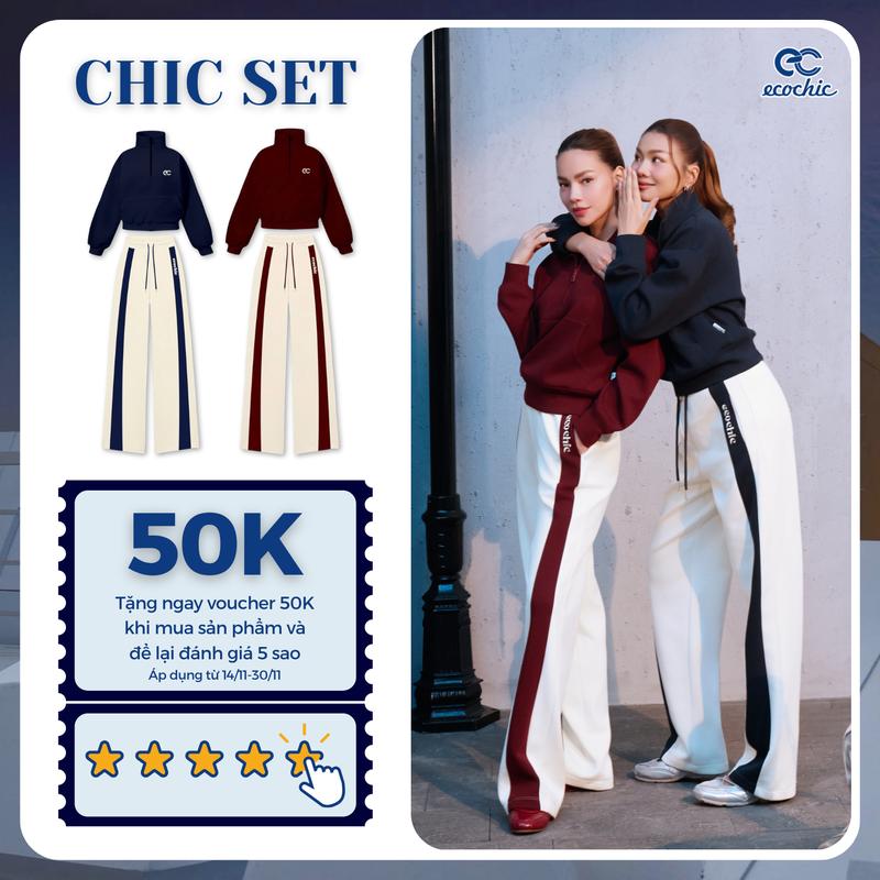  Set Bộ ECOCHIC MAROON CHIC Áo Khoá Zip Gân Nổi Phối Quần Suông Cạp Cao Dây Rút Sọc Chất Liệu Cao Cấp Chính Hãng B197 