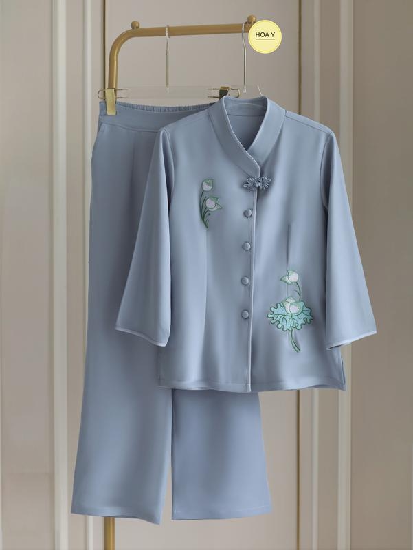 DL34 màu lam Họa Y Pháp Phục bộ Đồ Lam Đi Chùa Phật Tử Nữ size S M L XL 2XL,3XL big size trang phục truyền thống thường mặc chất lụa tuyết Women áo hoa sen Voi trung niên cho mẹ bà người lớn tuổi