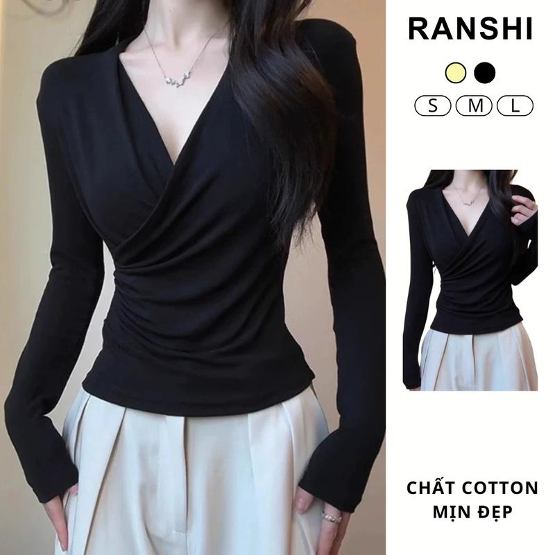   MỞ BÁN  Áo Thun Nữ Dài Tay Cổ Chữ V Nhún Eo RANSHI Tôn Dáng Tiểu Thư Ôm Body Chất Thun Cotton Mềm Mịn Co Giãn Top Women - RA347 